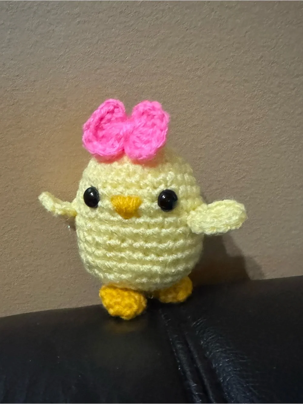 Handmade Yellow Crochet Chick Plush with Pink Bow - Small Pets Toy